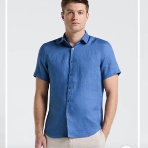 Perry Ellis Linen Blue Mens XL Button Down Short SleeveCoastal Vacation ShirtNWT